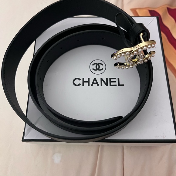 CHANEL Accessories - Beautiful Black Leather Belt with Gold with pearl embellishment Buckle
